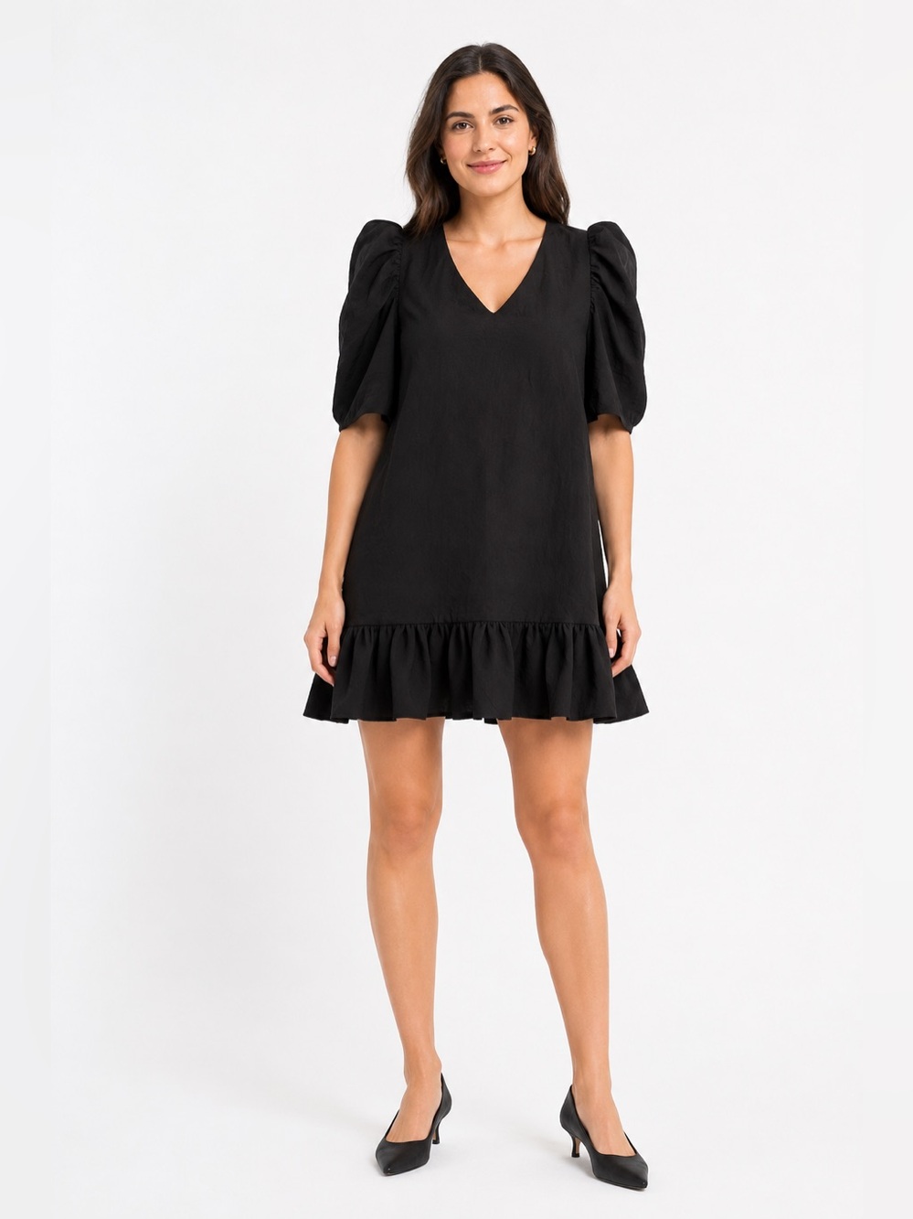 Glam Black Puff Sleeve Ruffle Hem Mini Dress Size M